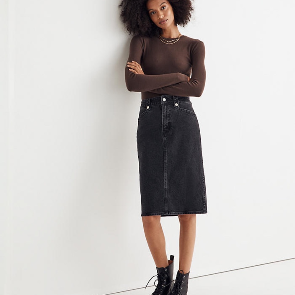 MADEWELL Never Worn No Tags, Black Denim High-Waist Straight Midi Skirt, Size 30